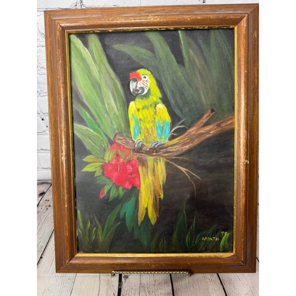 Vtg Hand Painted Bird Art Set Parrot Cockatiel Vibrant Eclectic Framed, Signed